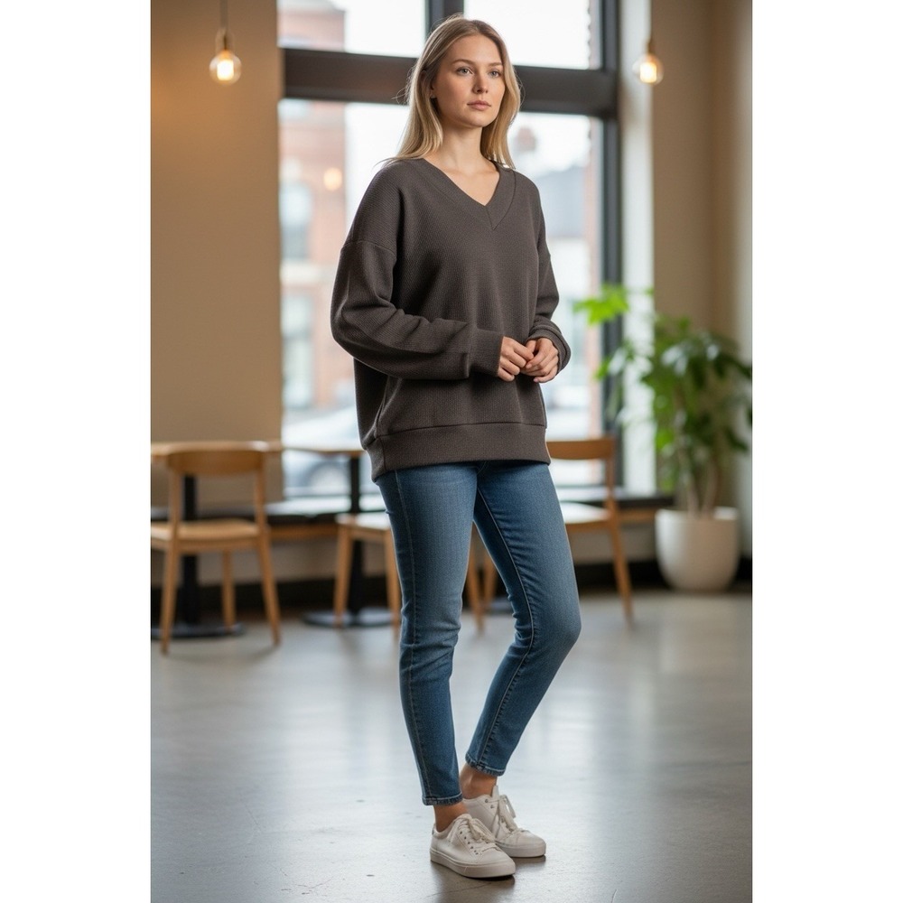 Felina Womens Ribbed V Neck Sweater Long Sleeve Pullover Knit Top Brown Lounge - Picture 3 of 3